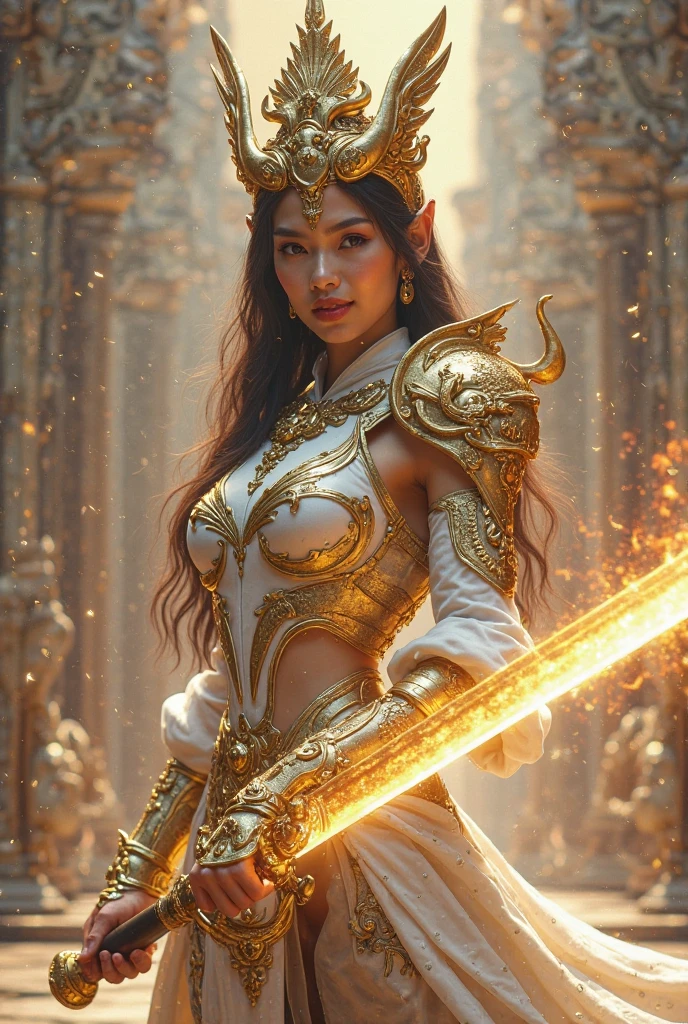 Ultra-realistic photo of a powerful big-breast fantasy beautiful Thai girl sexy big-muscular sixpack full-armored heroin with long hair,evil sly smile,wearing highly detailed white and gold Royal-Thai with metallic gold textures and weathered surface armored, ** Royal Thai ornament hat**, right hand holding a long gigantic glowing energy broad sword , left fist to a camera ,cinematic lighting, sharp focus, shallow depth of field, high dynamic range, soft shadows, realistic materials, photo taken in a studio with fantasy heaven city background, 85mm lens, f/1.4, ISO 100, 8K photo