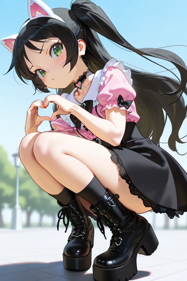 (masterpiece, best quality), female ageless, chiseled, indigenous australian, emerald eyes, attached ears, flat nose,  square jaw,  widows peak forehead, round face shape,   , orchid
 half-up, half-down hairstyle hair, puzzlement
 wearing  skater skirt, __bo/properties/color__
 lace-up corset top, kitten heels,  ,
, arms outstretched, inviting a hug