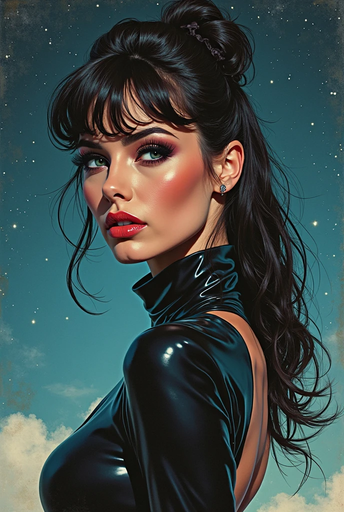  model riley rebel, ???? sci fi, pulp fiction magazine cover, 60s movie poster, blue black space background