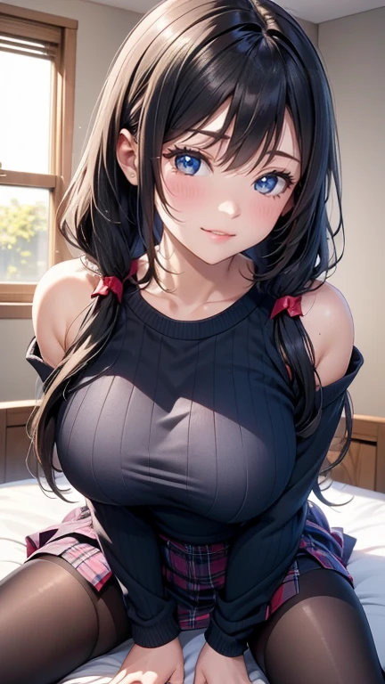 realisticlying、 Cleavage emphasis、Sideways view、Close-up looking up from below、a 18 year old girl(((Grab your chest with both hands)))、wearing a navy sweater、Breasts enlarged、A slight smil、Sexy Posing、I'm sweating、Redness of cheeks、black braid hair、Bedrooms、sexly