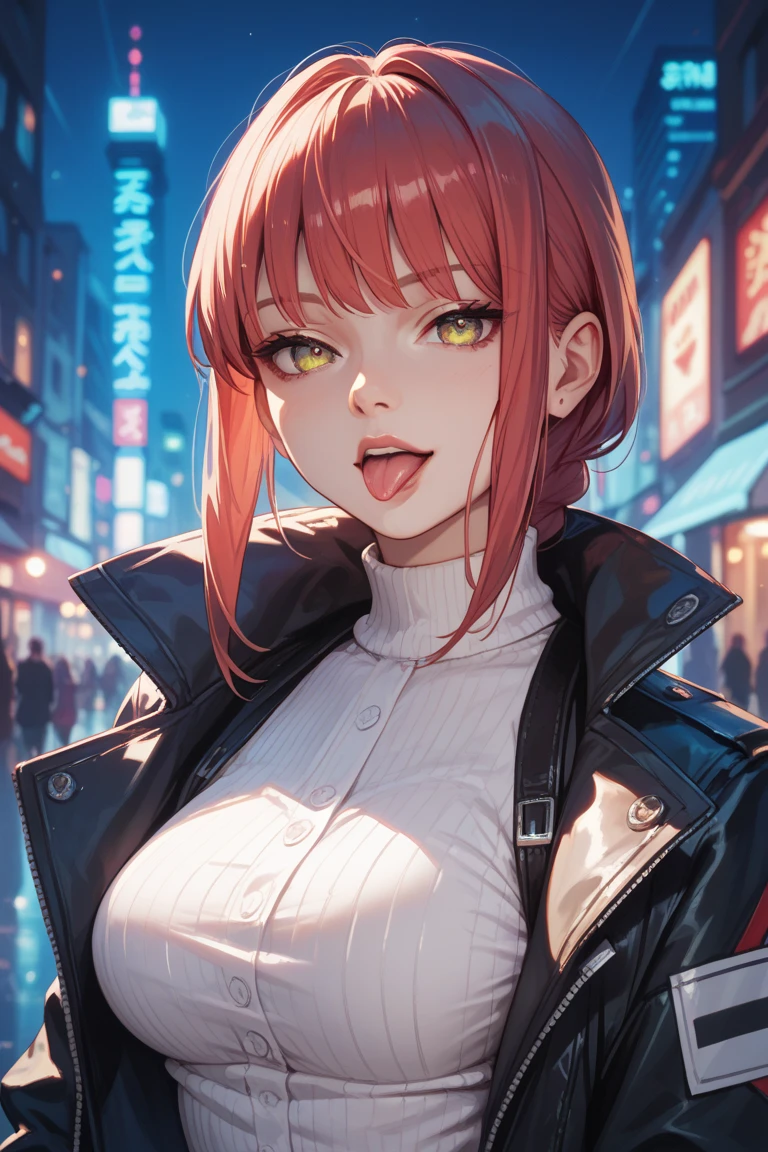 1girl,solo,makima \(chainsaw man\), chainsaw man
,super detailed skin,shiny skin,wet oily skin,seductive smile,eyelashes,lips gloss,red hair,sidelocks,a braid,large breasts,Tokyo street fashion,Harajuku ,goth,Tokyo city,night,masterpiece,best quality,ultra detailed,high resolution,sharp focus,depth of field