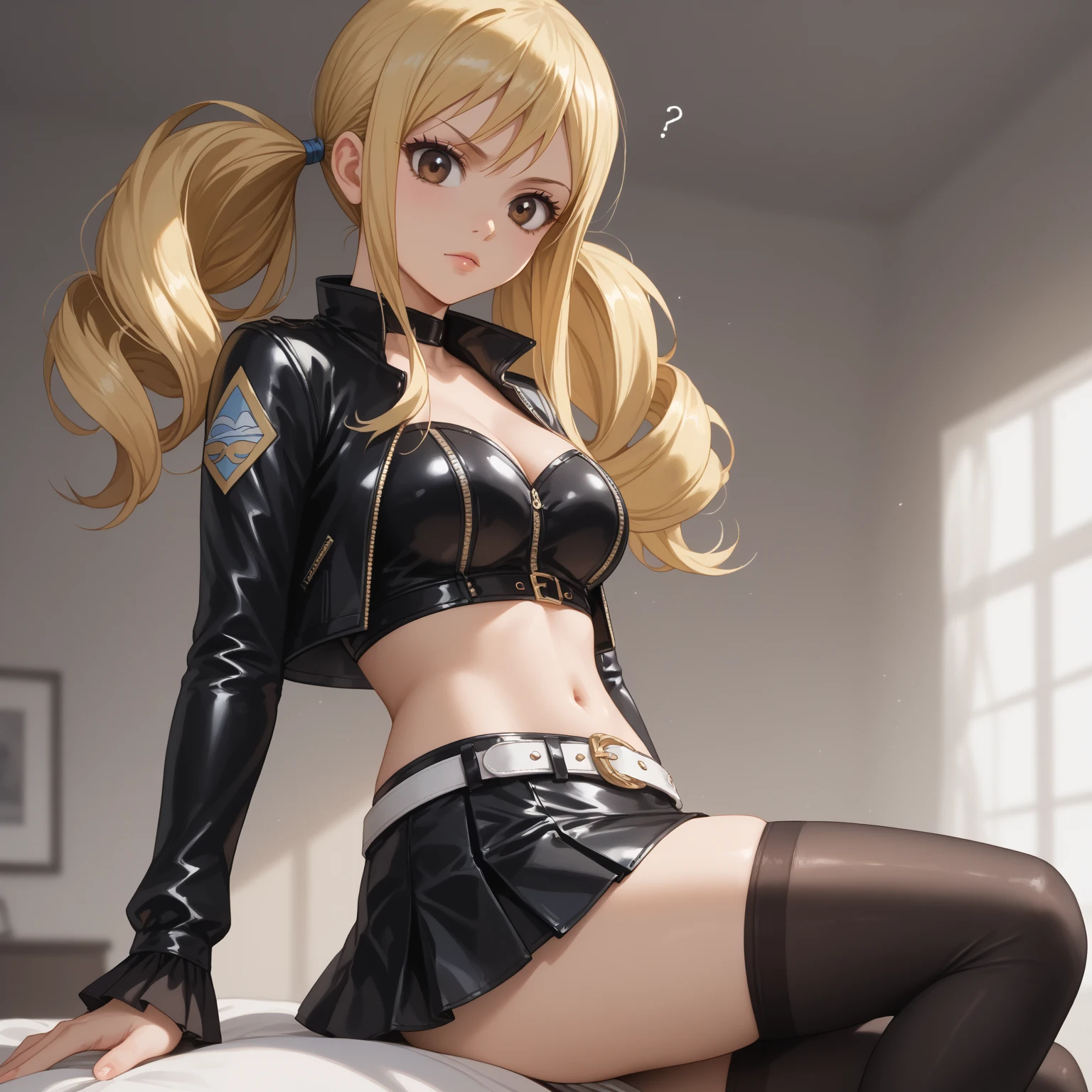 (8K, Best quality, tmasterpiece:1.2),\(eye detailed\),(\(Clothes detail details\)\),Facial emotions(Smile:1.3),Pure white background,full bodyesbian,(huge tit),(Facial focus) ,Very detailed CG unity 8K wallpaper,hugefilesize,ultra - detailed,A high resolution,absurderes,beautidful eyes,Ray traching,dramatic shadow,finely detailled,Dramatic angles,Hyper-detailing,(1 girl:1.3),(Solo),Mature female,Blonde hair,Twin tail hairstyle,Wearing((Latex skinny shirt(Crop tops),black ruffle skirt,golden necklace,High heels),The looming navel