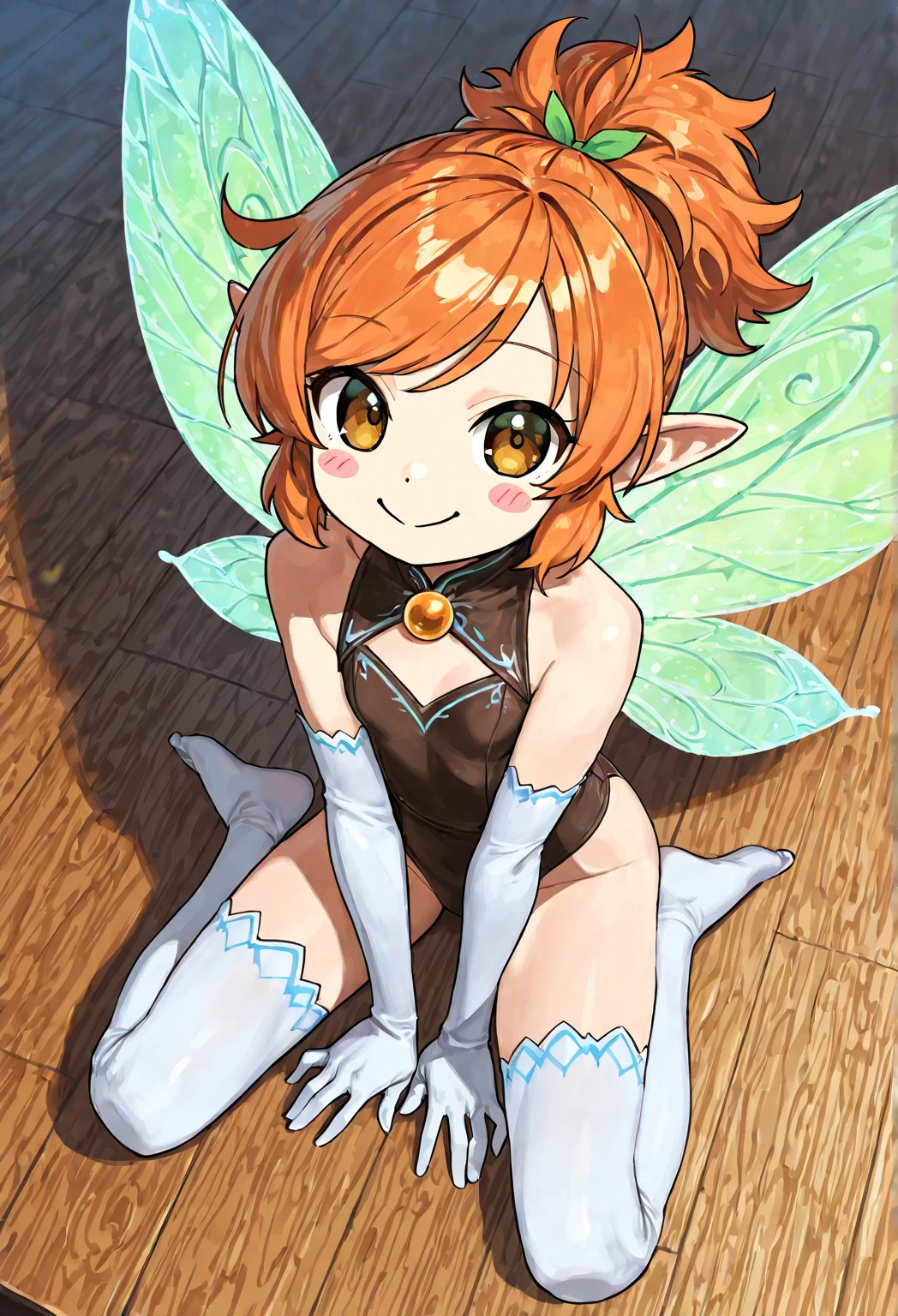 (masterpiece, best quality, highres, ultra detailed, unity 8k wallpaper:1.3), shiny hair, kawaii, 1girl, solo, (very young child:1.2), (red hair, twintail, pointed ears, blue eyes purple leotard, purple gloves, purple boots:1.2), aqua fairy wings, fairy, smirk, (floating, botanical garden of background:1.3)