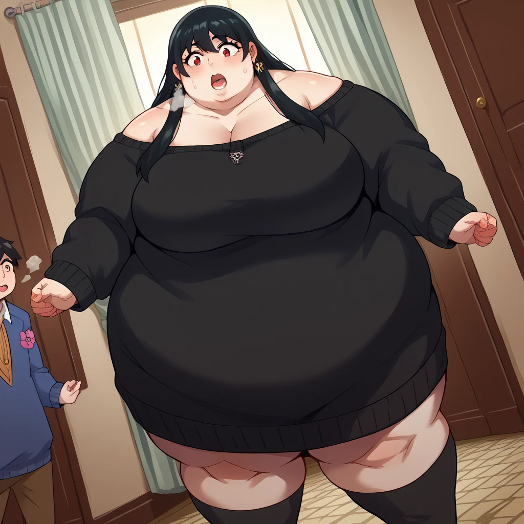 (Obese:1.1), (immobile:1.1), (600 pounds) (Blob:1.1)18, wearing pink bra and pink panties, standing outside in front of door to house, very long black hair, (big smile)