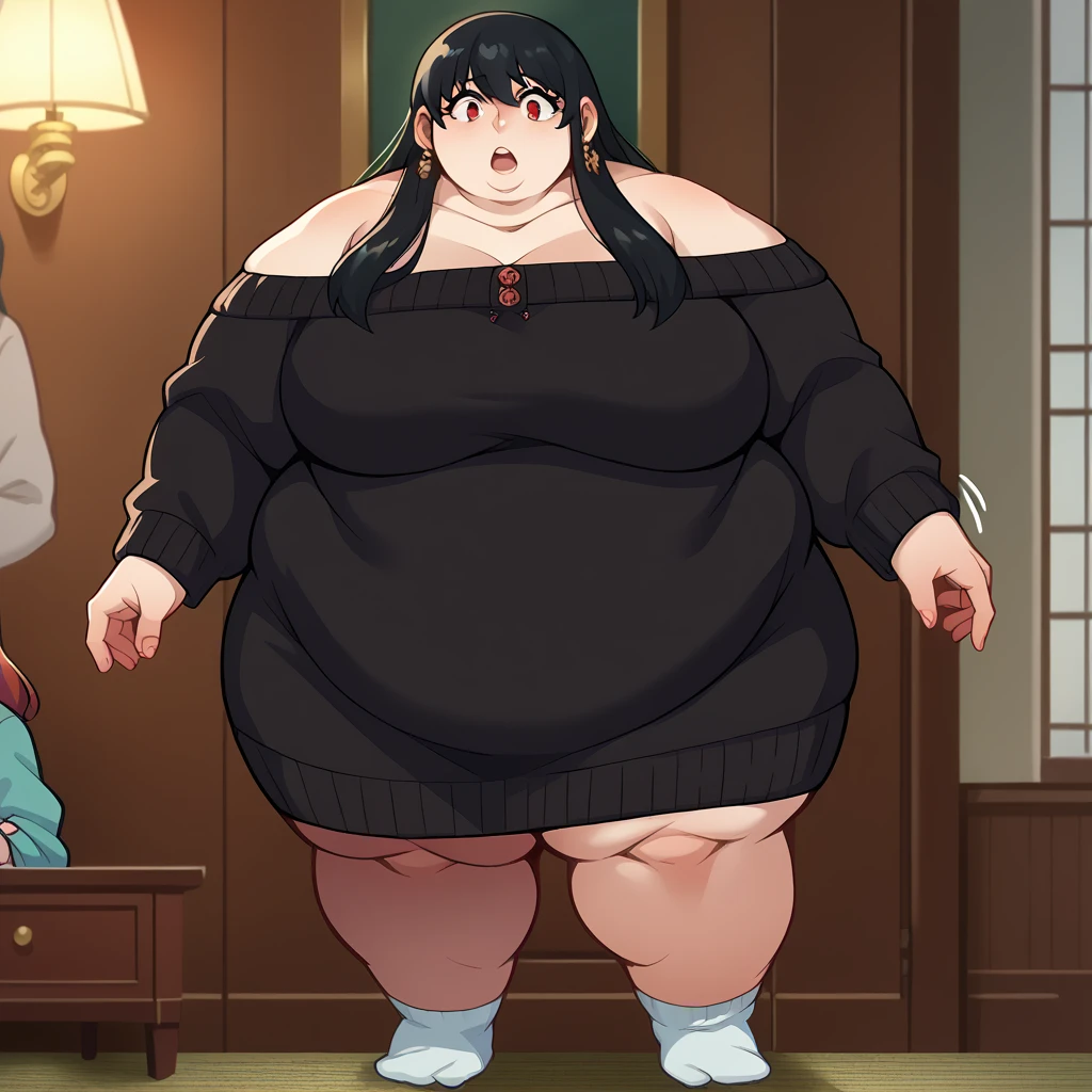 ((Masterpiece)), perfect anatomy, perfect shading, field of depth, (best quality), extremely delicate and beautiful, perfect lighting, detailed face, ultra cute face, cute, ((1girl)), ((solo))
long fluffy black hair, glasses, green eyes, ((blush)), nervous, looking at viewer, sweater, short skirt, medium breasts, ((thick thighs)), (wide hips), ((plump)),
intricate background, detailed background, fast food restaurant,