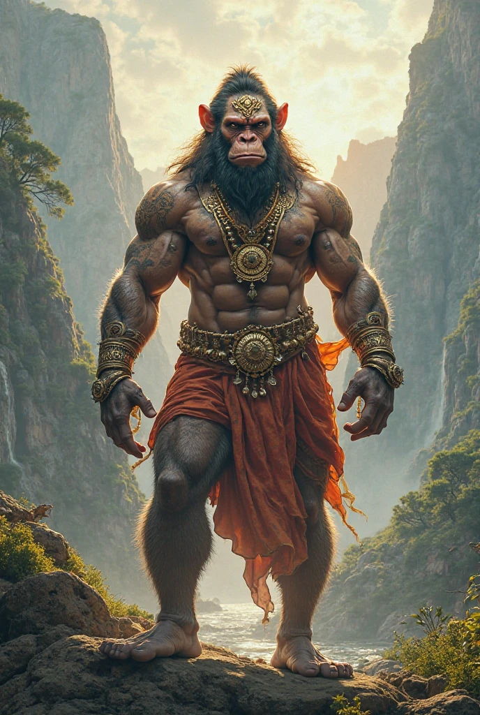 Create a lord Hanuman attitude
full HD powerful image. Blue eyes and six pack background blur. Full body Hanuman. Cloth orange color. Hanuman and monkey chik face mix. Gale mein Rudraksh and hand mein Rudraksh.