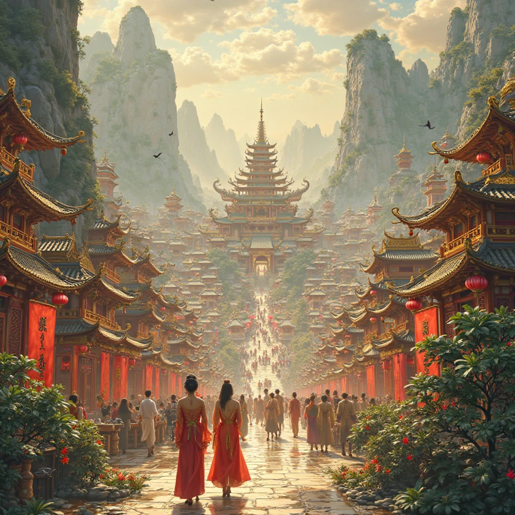 Magnificent city inside of a mountain cave decorated with gold and jade, Chinese architecture 