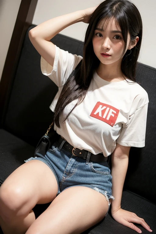 ((Full body angle)),((highest quality, 8K, masterpiece:1.3)), concentrated:1.2, Perfect body beauty:1.4, Hips:1.2, ((Delicate Hair)), (Colorful T-shirts、Shorts、pajamas、 :1.1) 、1 Girl、A sloppy smile、Esbian all over、Slim face、Big 、Beautiful woman、(Dark Brown Hair)、Long Hair、1.1、Flickering Valley、Detailed eyes、double eyelid、Blurred Background、超Slim face、Smile、Bedroom、night、