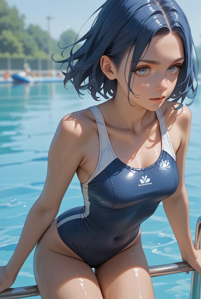 Swimmer has sex with a naked man with her legs spread wide、The woman has blue hair in a ponytail、hairy pubic hair、Angle of view that clearly shows the penis being inserted、She is wearing a racing swimsuit