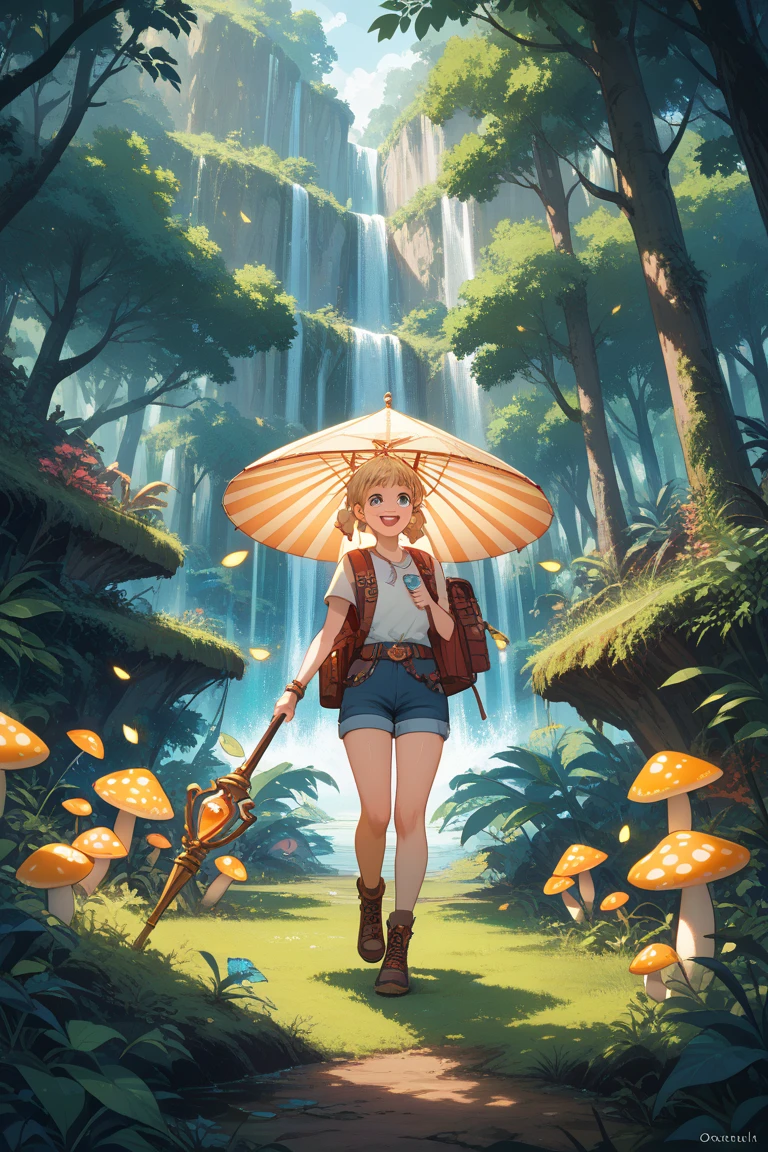 "A brave little frog named Oon Oon begins an adventure deep in a magical jungle, with glowing mushrooms, sparkling waterfalls, and fireflies lighting the path. Oon Oon wears a tiny leaf backpack and holds a twig staff, hopping past curious creatures in a vibrant fantasy forest."