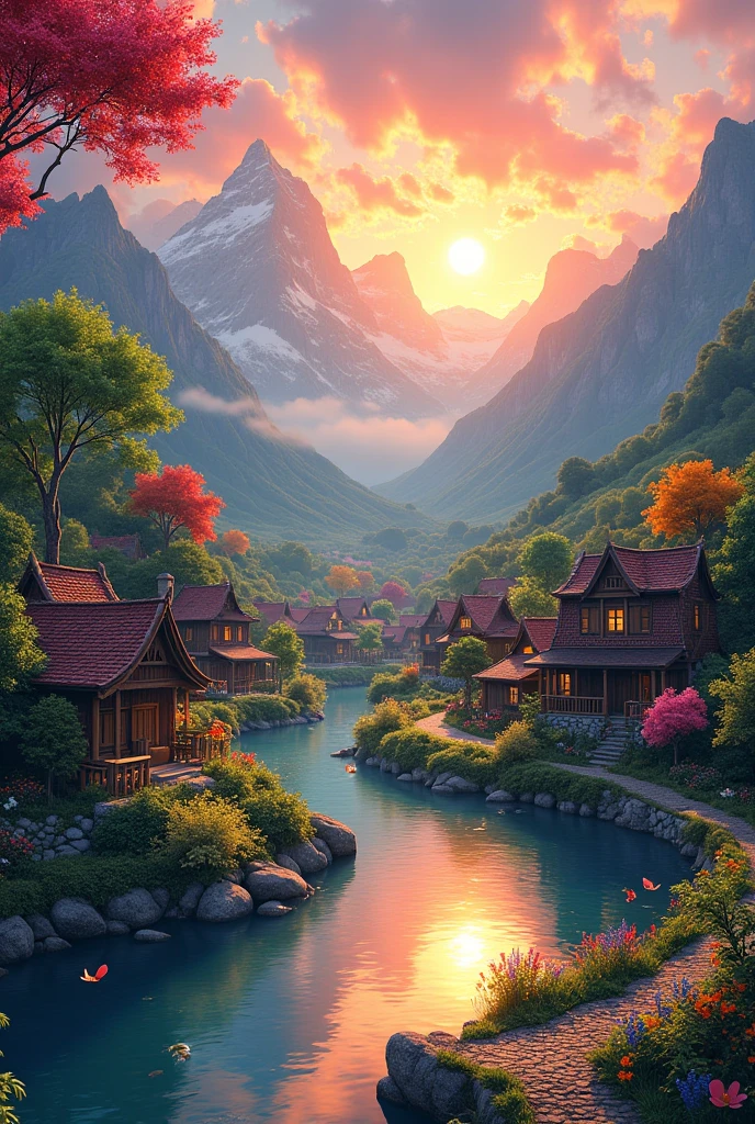 a small village by the river, mountains in the background, floral flowers colorful, detailed landscape, Beautiful natural landscapes, atmospheric lighting, scorching sunset, warm colours, practical, photopractical, Detailed Foliage, complex buildings, cobblestone street, Charming country house, swirly vibrant colors, lush vegetation, Still water reflections, Picturesque, idyllic, work of art, best qualityer, 8k, extremely detaild,anime styling