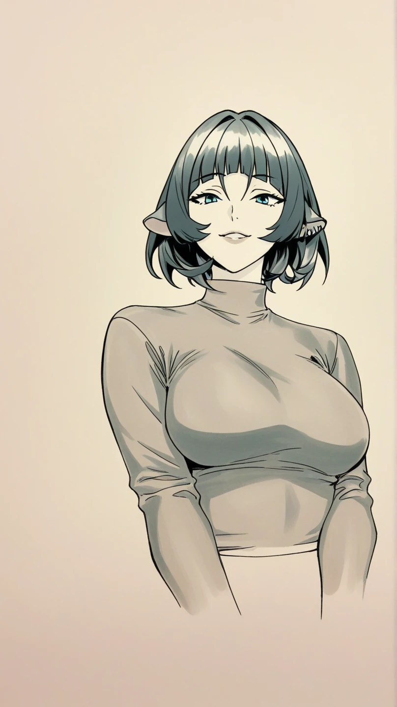 Girl, forward facing, big lips, juicy, cute dark eyes, tired makeup, (natural look), short hair, (dyed hair), puckered lips, freckles, (dark, dustinct freckles), big chest, full,(cleavage), full, comfortable clothing, (dark colored clothing), light skin tone, deep red blush, cute, enticing, ear piercings, nose piercings, septum piercing, juicy, full, exaggerated, gloomy mood, punk outfit, natural makeup