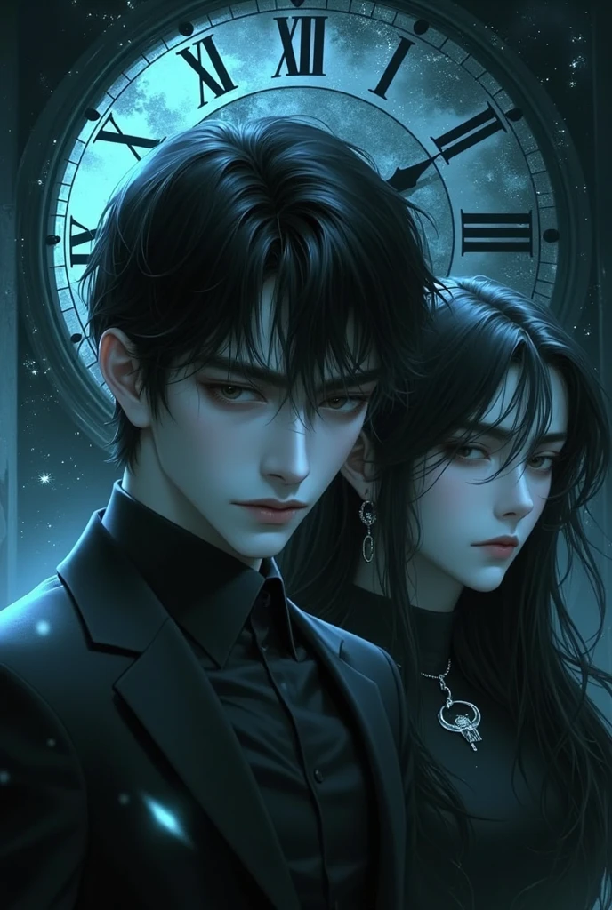 Make a movie poster about a young schoolboy an asian murderer, with her little sister asian long hair, large clock background with all the numbers studded in the sky