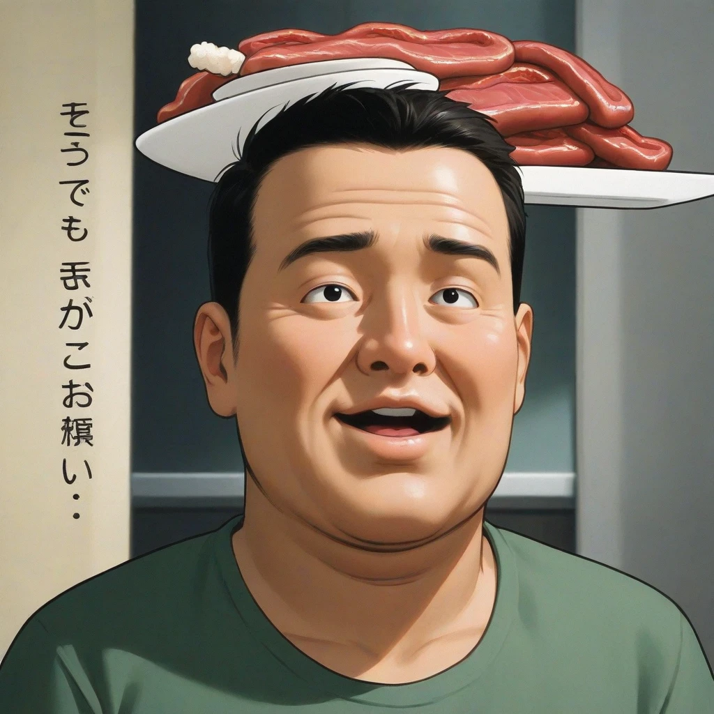 <lora:sashimiv5:0.6>, blue_T_shirt, mature beard thin old man, BREAK, yellow_towel on neck, (sushi_armor:1.1), evil grin, isaku, shuusaku, kisaku
