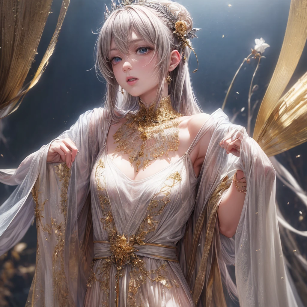 The upper part of the body、The face is front、profile、8K、realphoto、超A high resolution, Master Parts, Best Quality, nffsw , cinematic images,Lovely girl、ann、16 only、annグロサクソン、二重まぶた、drooing eyes、Very big eyes、Eyes purple、Dark eye shadow、The lips are very thin、The tip of the nose stretches beautifully.....................................、the tip of the nose is small,,,,, ighly detailed , Silver hair、Straight short hair、ssmile、 Sweet look 、a very beautiful woman、legs are long、 Very clear shadows , jewely , A sexy , A detailed eye, very intricate, shiny skins , パーフェクトブリリannト, Perfect Lighting, Dramatic shadows、White tiara on head、Gold necklace around the neck、White aristocratic dress with gold embroidery、