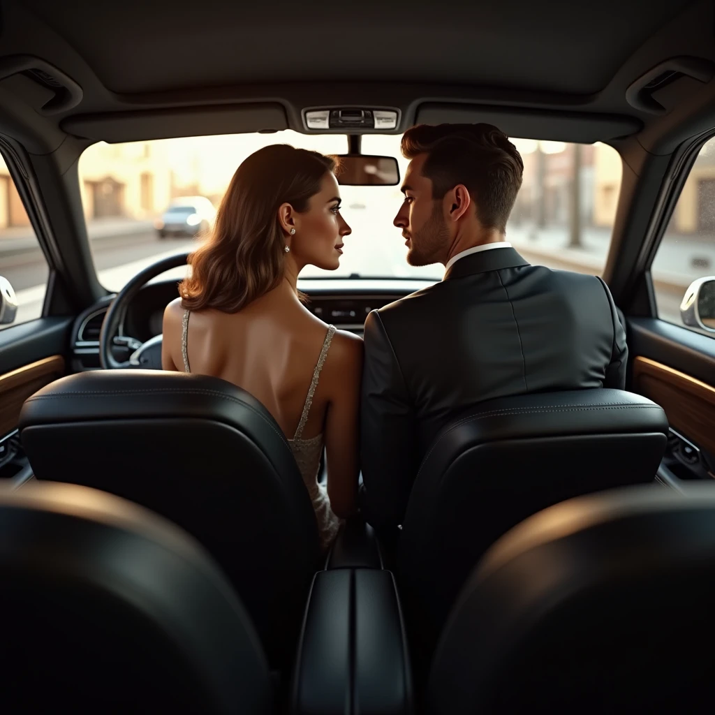 man and woman in a luxury car dating,kissing, white dress, dark sensual image, portrait style