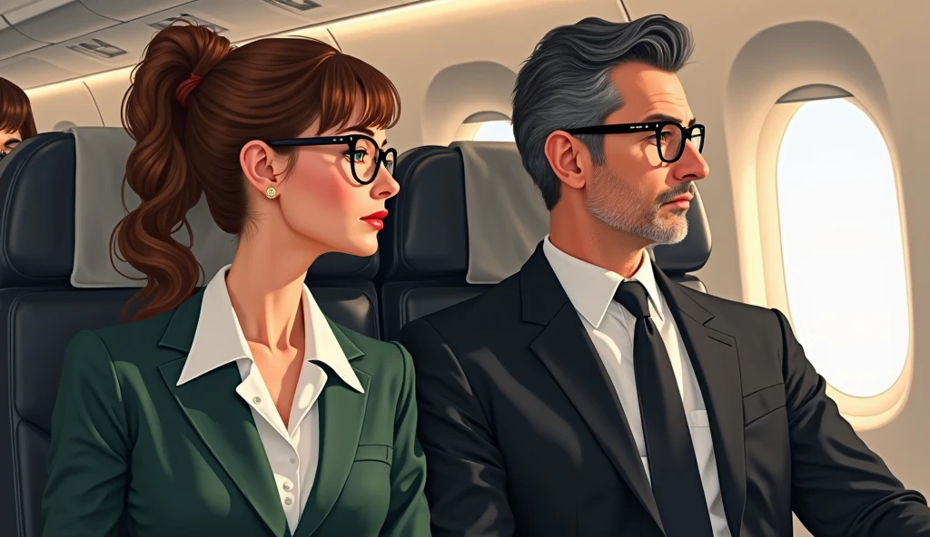 PORTRAIT COUPLE, The scene takes place on a plane in business class .DUO, A beautiful woman of 35 years old, clear-brown hair wavy curlingpulled back with a big bun behind her wawy curling head, she wears thick with bangs, she has green eyes and has glasses. She wears a dark green suit a white lavaliere MANDARIN COLLAR with a white scarf around the neck. She sits on the window side of the plane and looks out the window. Next to him, on the hallway side, is a charming 50-year-old MAN with BLACK hair and some graying hair on the sides of his ears. He also wears black glasses and his eyes are brown. He has a few white hairs on his chin, he is not shaved. He wears a black dark suit, a white shirt and a black tie.. She sits on the window side of the plane and looks out the wi trending on artstation, intricate details, highly detailed, by greg rutkowski, lhe woman is on the window side, the man on the corridor side. NO HAIR FACE