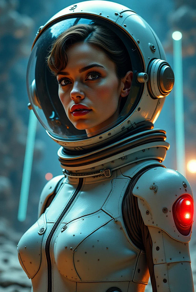 Natalie portman, sexy sci fi, pulp fiction magazine cover, 60s movie poster, blue black space background, lasers, aliens attacking, space suit, fish bowl helmet