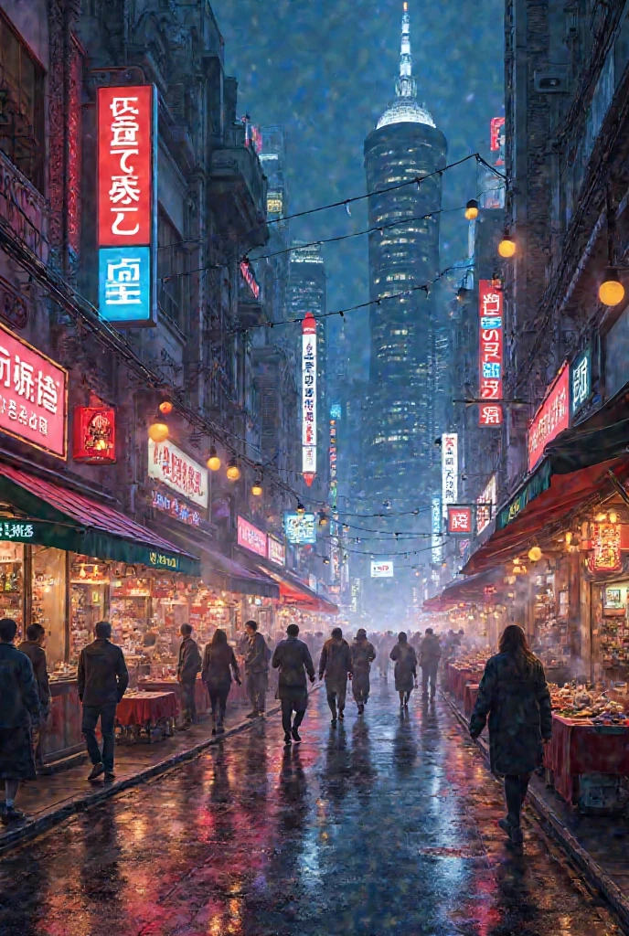  "A city street at night, bustling with life and activity, with neon signs and streetlights illuminating the scene."