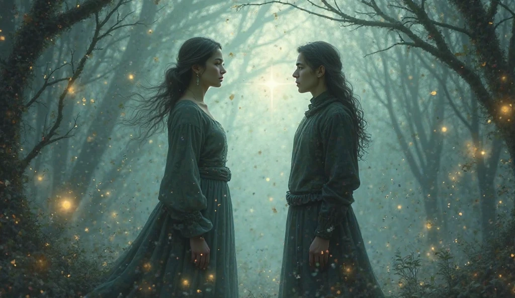 Two people talking in a slightly mystical environment
