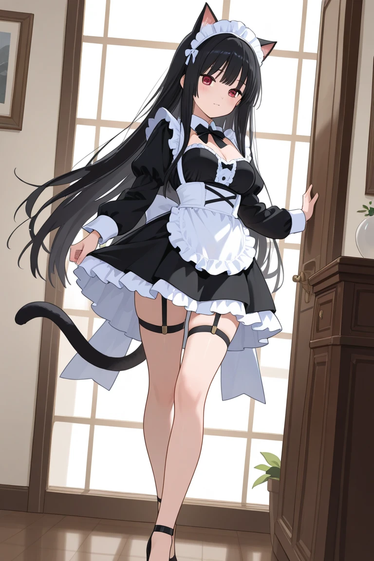 ((Masterpiece)), ((Best Quality)), ((hight resolution)), ((extremely detailed CG unity 8k wallpaper)), 独奏, chocolate_neko, brown tail, cateyes, Cat's pupils, NSFW, Masterpiece, Best Quality, high definition, standing on one leg, Looking down, From Bottom, looking a viewer, , Stockings, garter belt, bare breasts, , skirt raised, Smile, blusher, upskirt, Skirt Up, Heel,  Shoes