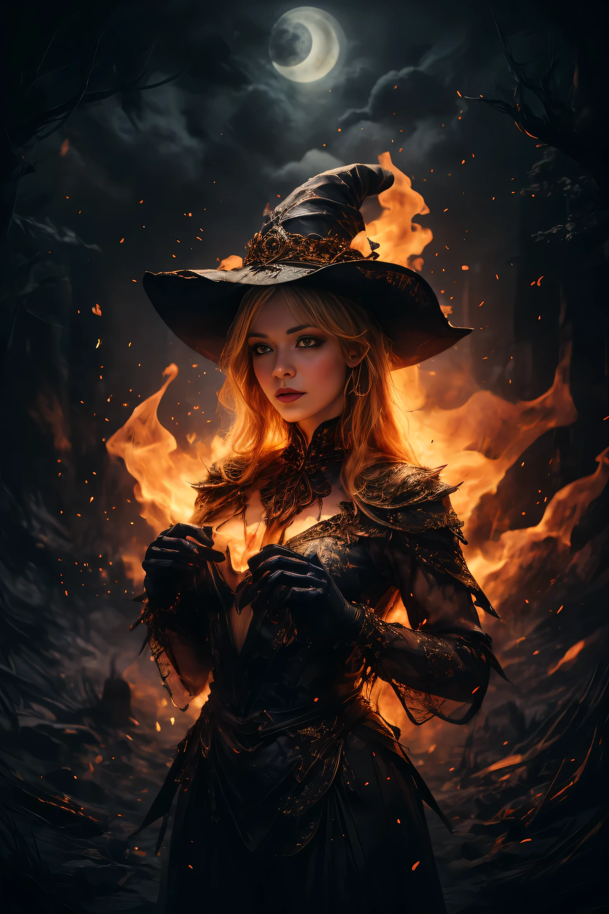 (witch magician girl FireFull:1.2), (young), fire skin, flames, (lava), close-up portrait, (standing), happy smiling, (bright red fire:1.2), red eyes, red lips, (skeletons many skulls:1.2), city ruins, city buildings destroyed, houses burning, (very detailed), best quality, smoke, ashes, dump, trash, tombs, crosses, graveyard, (fire explosions, dirty puddle, mud, sharp focus, grey sky, natural light, golden hour, backlight, shadows, high contrast, hdr, reflections, <lora:Detail Tweaker LoRA add_detail:0.7> <lora:depth_of_field_slider_v1:5> <lora:SDXLrender_v2.0:0.9> <lora:FireElement_concept:0.5> <lora:RPGFireElemental:0.2> <lora:RPGWitch:0.2> <lora:magician_beta_1:0.4> , using fire spell dark magic, ((magic in hand))