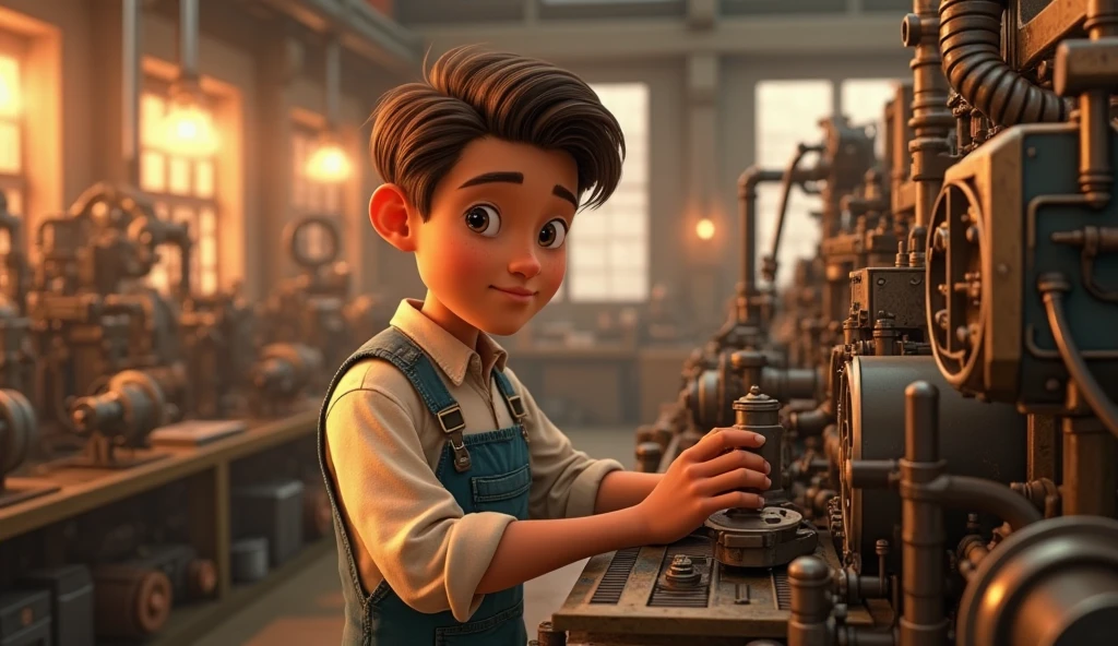 [Image Prompt 1]
Pixar-style, young man with short brown hair wearing a factory uniform, working near mechanical machines, indoor industrial background with warm lighting.