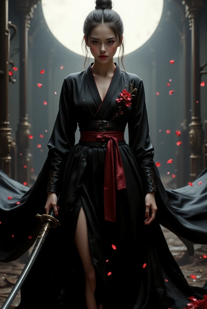 Sakura enigmatic princess high contrast dark background shine samurai sword  mask 