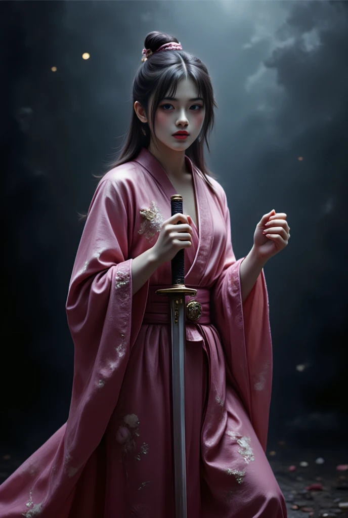 Sakura enigmatic princess high contrast dark background shine samurai sword see through mask 