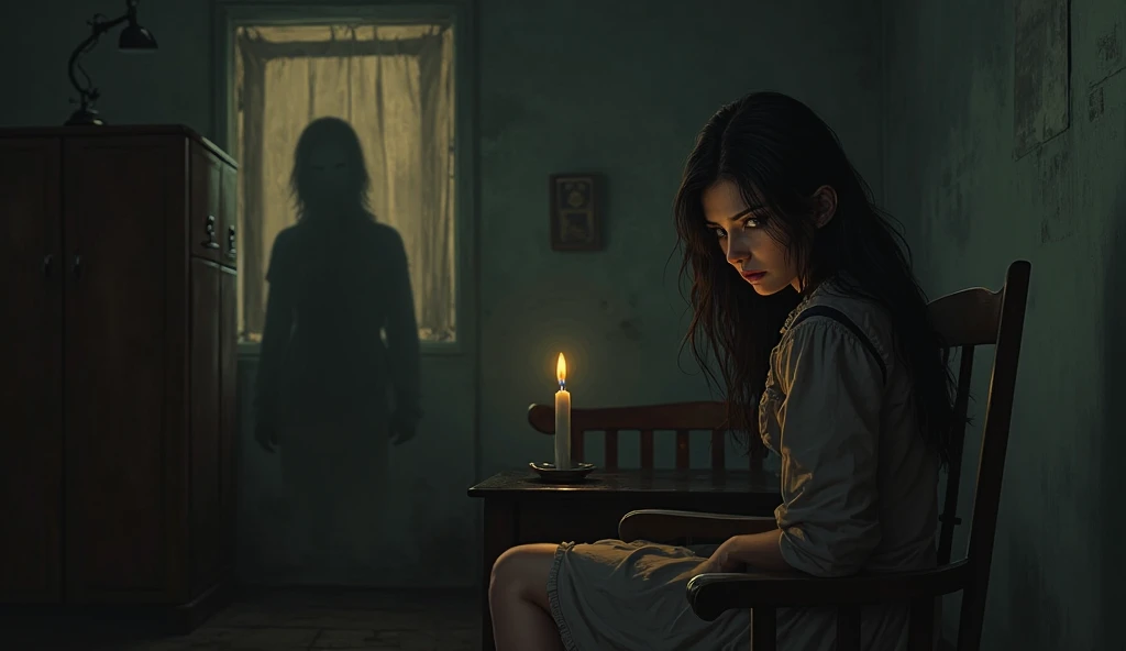 A young woman sits alone in a dark room, lit only by the soft glow of a single candle. Her silhouette is clearly visible on the wall behind her — but directly opposite, across from her, on the other wall, there's another shadow sitting — though no one is physically there. The room is quiet and tense, the atmosphere thick with fear and confusion. Semi-realistic digital painting, psychological horror tone, dramatic lighting.

