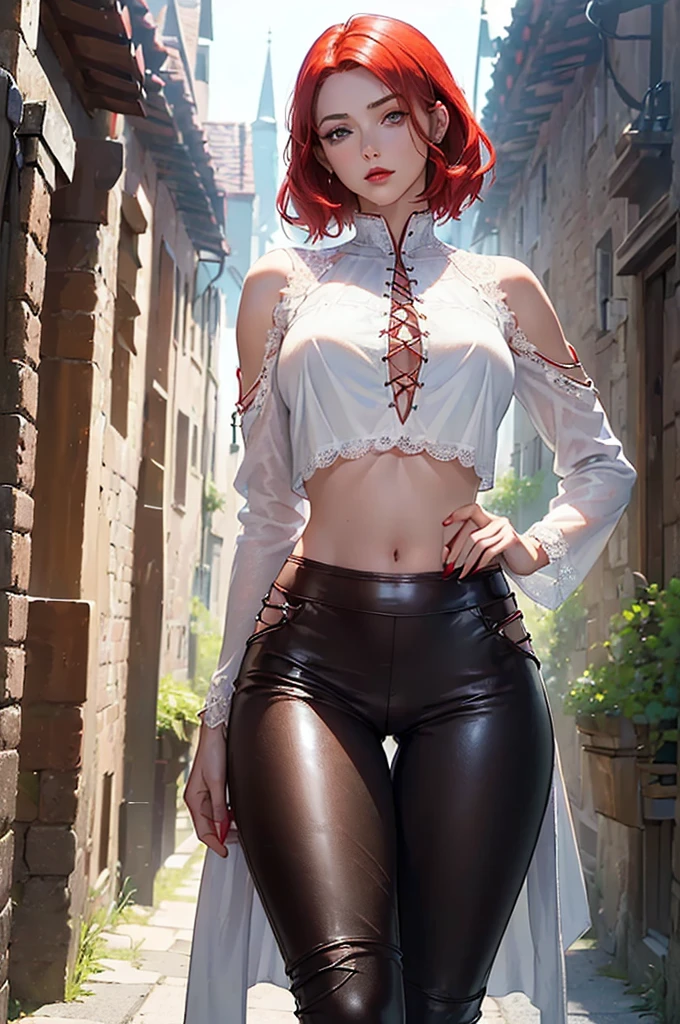 (Masterpiece quality), (ultra 4k quality), (large beautiful eyes), (((high  definition))), (((face well illuminated))), (((beautiful elegant pose))), (((beautiful face))), (((full red lips))), (((viewed from front and below))), (cinematic lightning), (((smooth body lines))), (((NORMAL ))), (((feminine build)), (((a beautiful lone adolescent girl))), (((she is a loose white tunic with lace up front and a pair of leather pants))), (((no ))), (((she has short bright red hair worn down))), (((she is standing alone in a medieval village in a sultry pose))), (((slender hips))), (((medieval themed fantasy clothes))), (((emerald green eye color))), (((bright red hair color))), (((fully clothed))), (((high detail clothing))), (((no headwear))), (((she is carrying a leather-bond spellbook under one arm))), (((brown leather pants))), (((white tunic stomach )))