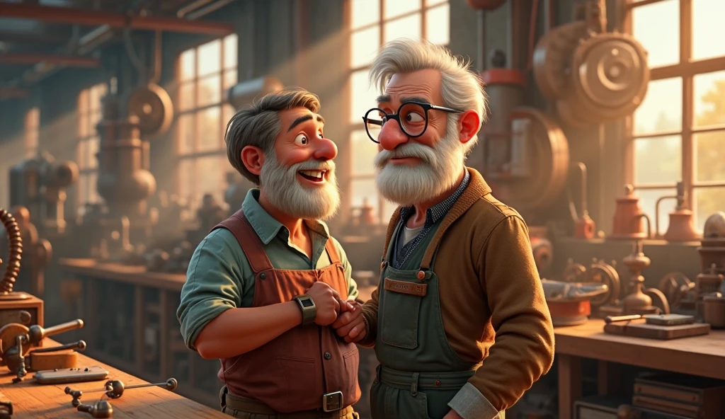 Pixar-style, elderly man with white beard and glasses mentoring the young man, both surrounded by tools and machines in a factory workshop, glowing afternoon light filtering in.