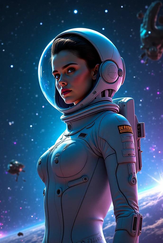 Natalie portman, sexy sci fi, pulp fiction magazine cover, 60s movie poster, blue black space background, lasers, aliens attacking, sexy space suit, fish bowl helmet