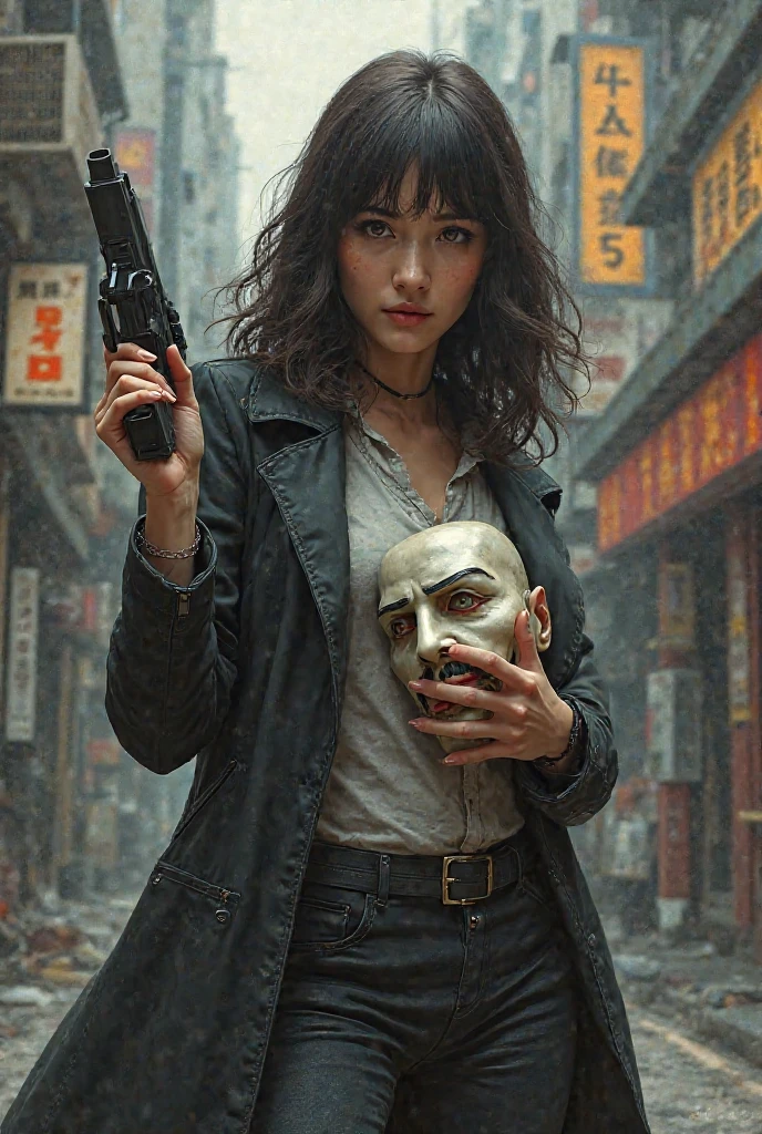 Tokyo realistic female character Casa de Papel Sami with gun in the hand and on the other side the Casa de Papel mask 