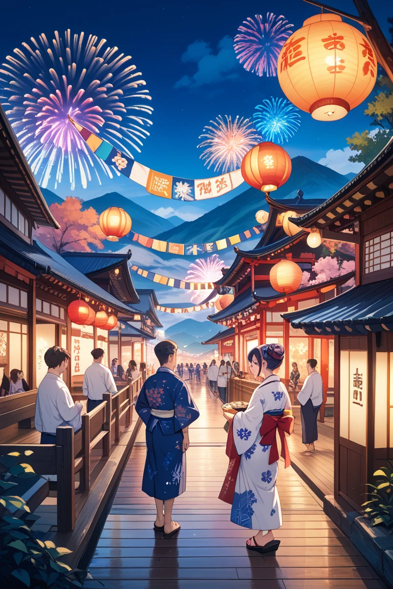 2.  Mount Fuji with fireworks at a Japanese festival 
"Mount Fuji illuminated by colorful fireworks during an evening festival. In the foreground, Japanese lanterns float in a quiet river ,  and people wearing traditional yukatas walk across a wooden bridge .  The mountain top shines under the dim moonlight ."