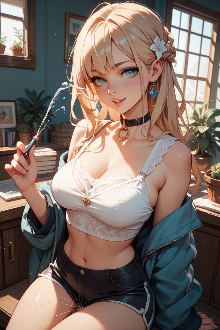 Christina, the most beautiful sexy woman body, 1girl, dark room, geek glasses girl, photo from front above, blue hoodie, blonde, large white gamer headphones, large breasts, skintight white top:1.2, cleavage, pink bra:1.2, top does not fully cover the green, white bra, bra visible a bit, (masterpiece, best quality), (detailed skin:1.3, detailed face:1.3), dslr, realistic, looking at viewer, sharp focus, delicate, soft colors, cinematic lighting