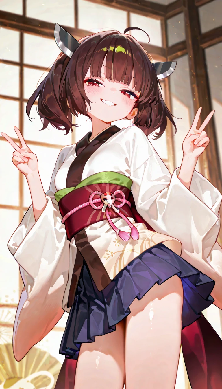 Girl with round glasses, short hair, dark brown hair, thick eyebrows, shrine maiden outfit