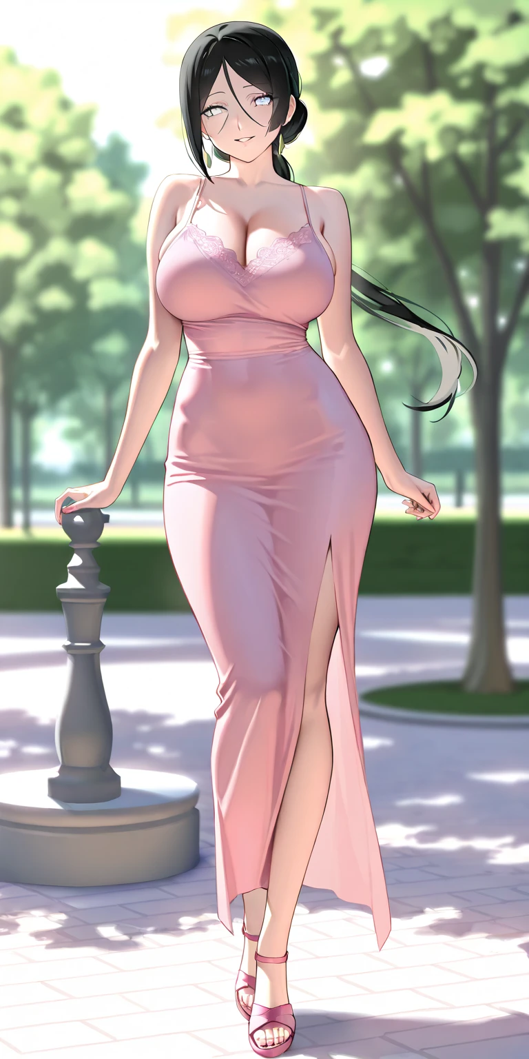 An extremely beautiful stunning woman with a perfect busty body, gold blonde long silky hair, big blue eyes, extremely super bright snow white fair stunning flawless glowing lush shiny flawless white skin, a perfect tight hourglass figure, and a skinny waist, sexy thick smooth luscious legs and thighs, extremely cute smile on the face, bright pink blushes on cheeks, wearing a short sexy loose revealing white floral dress with threads, pink off-shoulder, yellow heels, green necklace on the neck, gold anklets on feet, standing straight, holding flowers, garden in the background, show full body from head to feet.