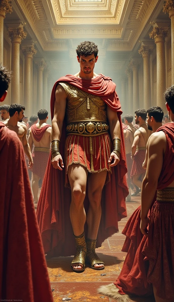(masterpiece, 8K, UHD, oil painting, photo-realistic:1.3), Emperor Nero, defiant and imperious, (Roman Imperial attire:1.2), standing on an ancient Roman chariot, Roman arena, the intensity of the Olympic chariot race, dust rising, spectators in the background, their cheers deafening, looking at viewer, mid-action.