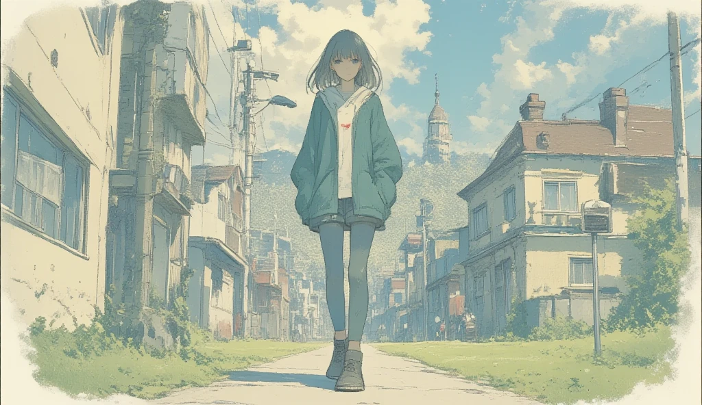 ((face))、Create an exquisite illustration of Shinkai Makifu, Ultra high definition and top quality. angelic, detailed depicting women walking, women wear hoodies, 、The best building in town, road, Sunrise、 colorful, high resolution, 8k cowboy shot, gradation colored eyes with gorgeous embroidery, 幸せなface