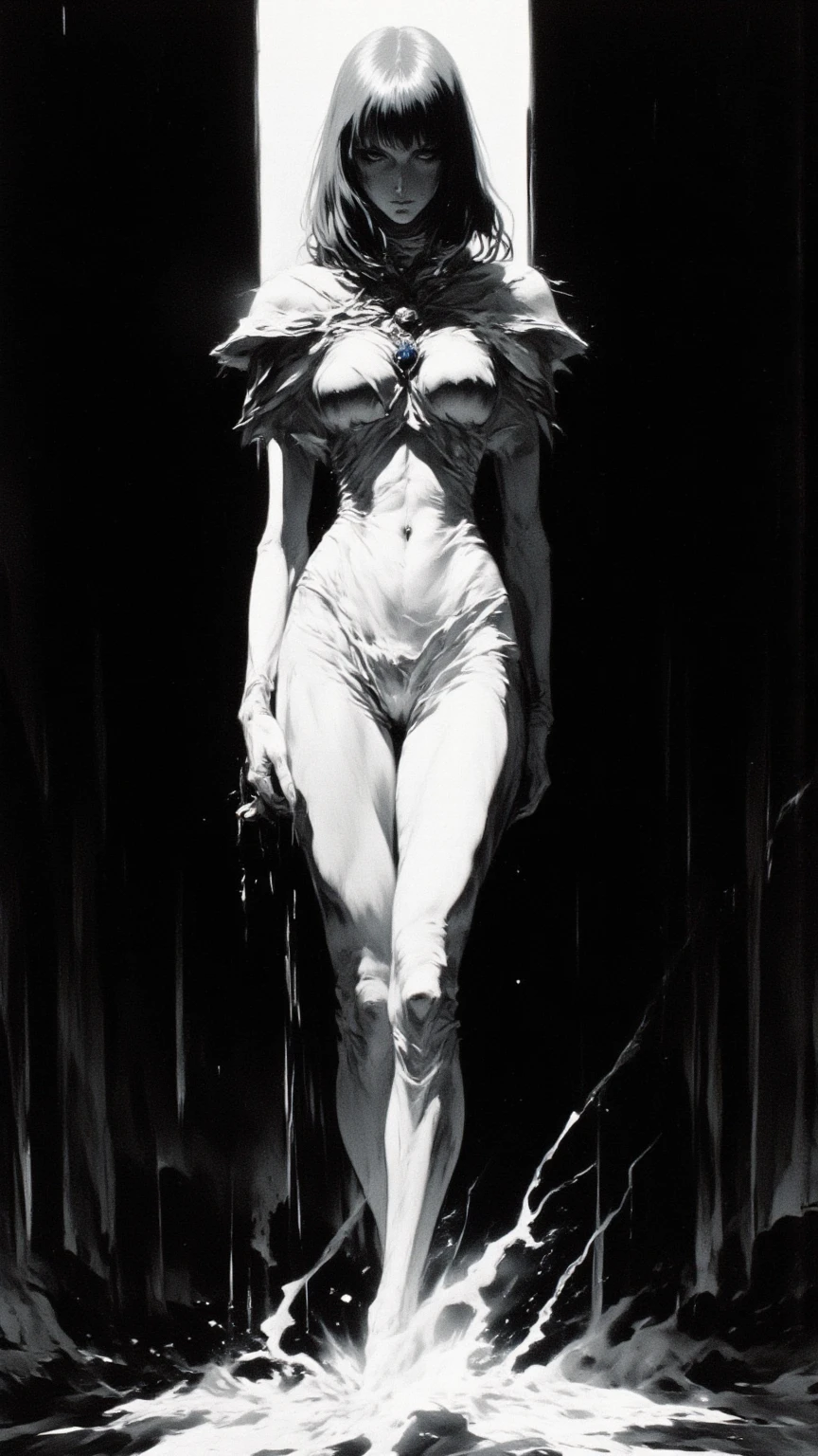A Masterpiece,A master work of Japanese manga,grayscales,Monochrome sketch,Sketch art,Freehand ink art,Bold brushstrokes,Brilliant ideas,1 girl,fulllllbody,White hair,Delicate facial features,luminous eyes,tight clothes,E cup,Long legs,parted lips,full body details,anime beauty,Realistic night,Realistic full body light and shadow,Hazy light,Fantasy World