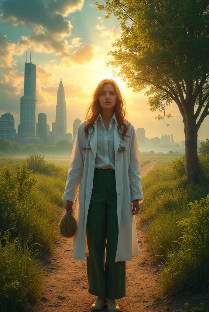 Symbolic scene where Zara stands at a crossroads. On one side: a glowing modern city skyline with a lab in the distance. On the other: a sunlit village path with natural greenery and a sacred tree. Zara is in the middle, holding her white coat in one hand and the herbal pouch in the other. Her expression is torn, dramatic lighting emphasizing her internal struggle."