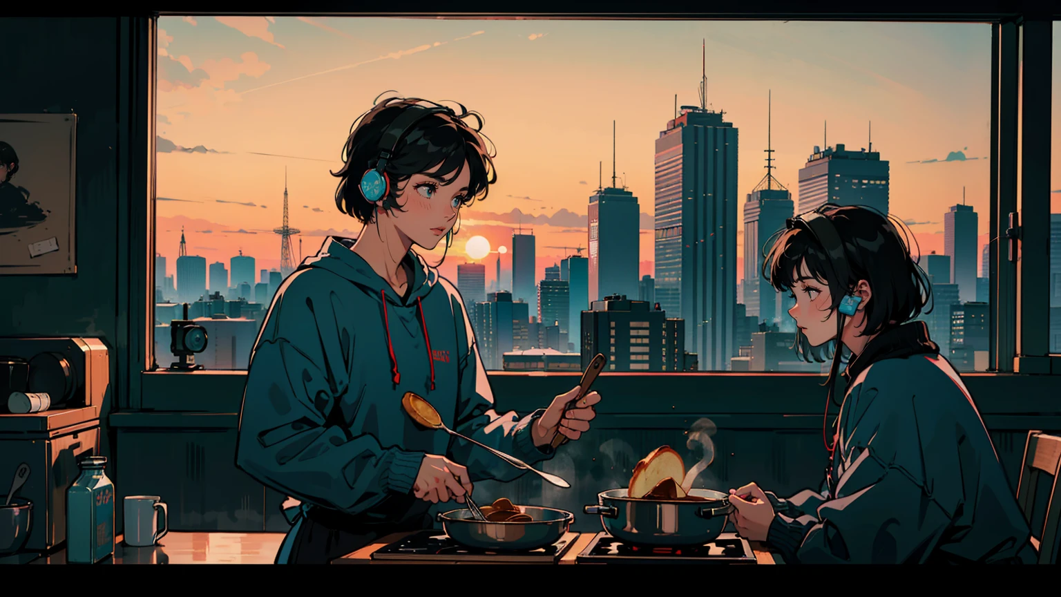 Alone, beautiful woman, black eyes, Bob hair, Wearing large headphone, Masterpiece, Kitchen、Cooking pancakes、Alone, Quiet, beautiful woman, black eyes, Wearing large headphone, Masterpiece, Kitchen, Cooking delicious food, Good chef, beautiful tokyo view, beautiful tokyo view, beautiful sunset sky