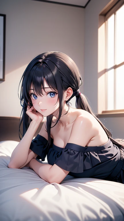 masterpiece, highest quality, One Girl, 12 years old、Thighs, beautiful girl, Flowers, たくさんの小さなflowerびら, flower、Small waist, RAWphotograph,Bright lighting、Face Light, Ultra-realistic, High resolution, photograph, Sharp focus, Highly detailed eyes and face,Symmetrical face, whole body、Large Breasts、Long Hair、チラリと見えるThighs、Emphasized cleavage、Afternoon Dresses、White high heels、Lying down、Lying on your back、bed