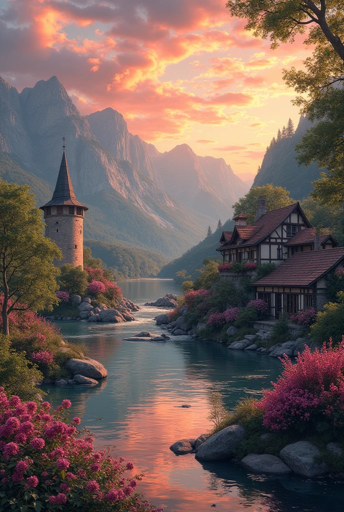 a small village by the river, mountains in the background, floral flowers colorful, detailed landscape, Beautiful natural landscapes, atmospheric lighting, scorching sunset, warm colours, practical, photopractical, Detailed Foliage, complex buildings, cobblestone street, Charming country house, swirly vibrant colors, lush vegetation, Still water reflections, Picturesque, idyllic, work of art, best qualityer, 8k, extremely detaild,anime styling