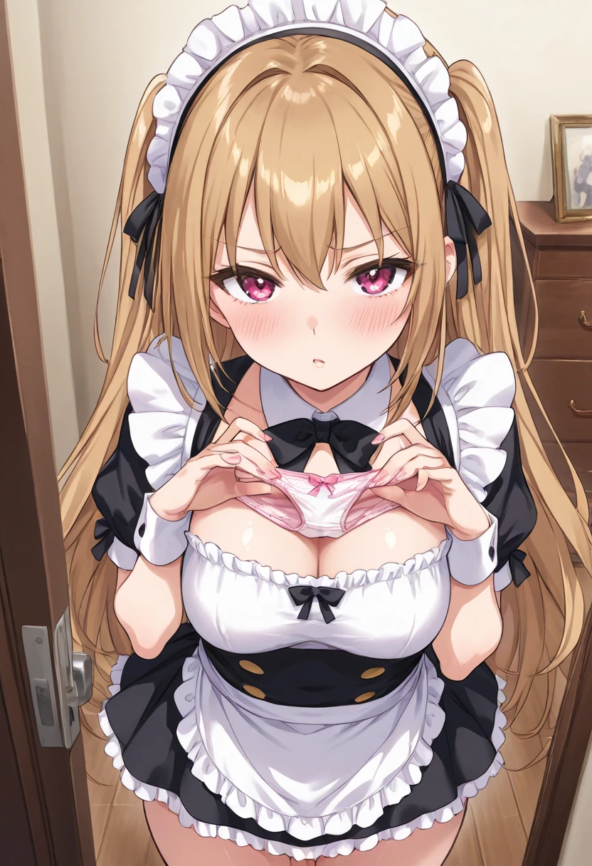 Mommy Masterpiece, erotic, ero, 18+, nsfw,maid costume, long blonde hair ,pink detailed sparkling eyes, embarrassed , blushing
(Best quality:1.3),big breasts, naked, apron, cleavage, (pov, close shot), standing, kitchen background, blushing:1.2.