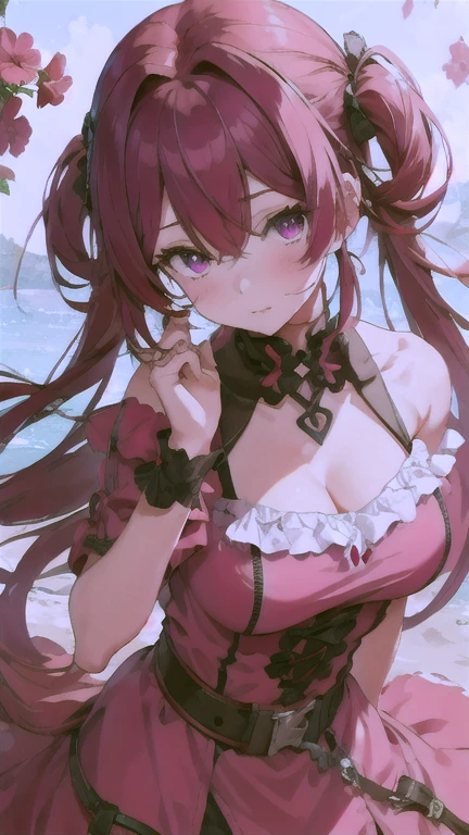 Wolf Woman, Big Breasts, Voluminous light red hair, One girl, masterpiece , Red eyes、Double teeth、tooth、Blushed cheeks、 hd, Head to Chest, buried in my chest、Underbust、Cleavage、Frilled bikini、Open your mouth wide、Grin、White Iris、Nekomimi Hoodie