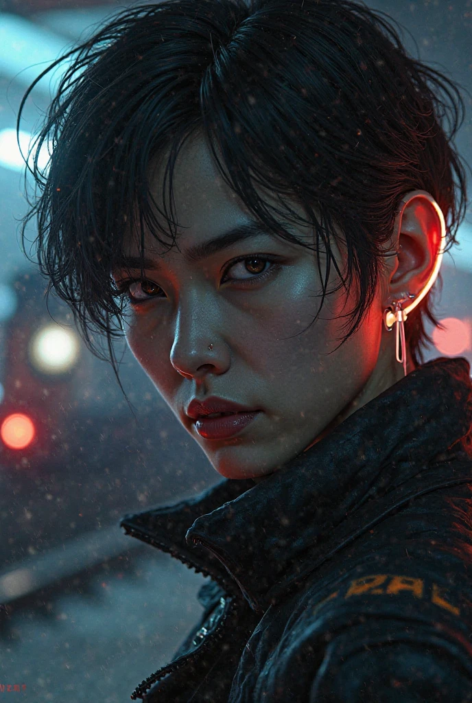 Panel 2:

Close-up of Kai’s face, serious, with glowing earpiece. In the background, a sleek neon train screeches to a stop.

