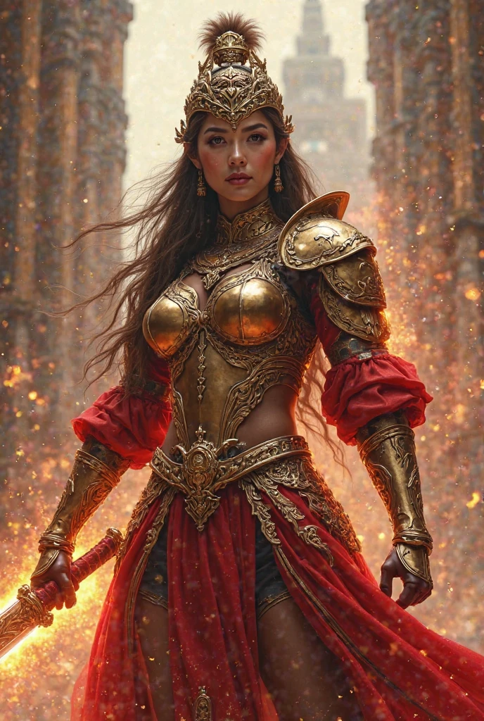 Ultra-realistic photo of a powerful big-breast fantasy beautiful Thai female full-armored mage with long hair,evil sly smile,wearing highly detailed red and gold Royal-Thai pattern with metallic gold textures and weathered surface armored, ** ancient royal-Thai ornament warrior hat**, right hand holding a long gigantic royal Thai pattern-style glowing energy ancient rifle  ,cinematic lighting, sharp focus, shallow depth of field, high dynamic range, soft shadows, realistic materials, photo taken in a studio with fantasy heaven city background, 85mm lens, f/1.4, ISO 100, 8K photo
