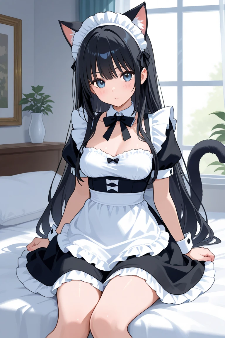 full-length anime girl with cat ears with and long black hair dressed in a maid costume